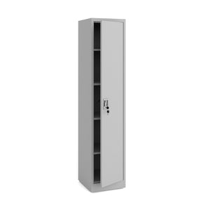 Metallschrank schmal hellgrau 185×40×45 mit Regalböden für Dokumente und Ordner mit Schloss