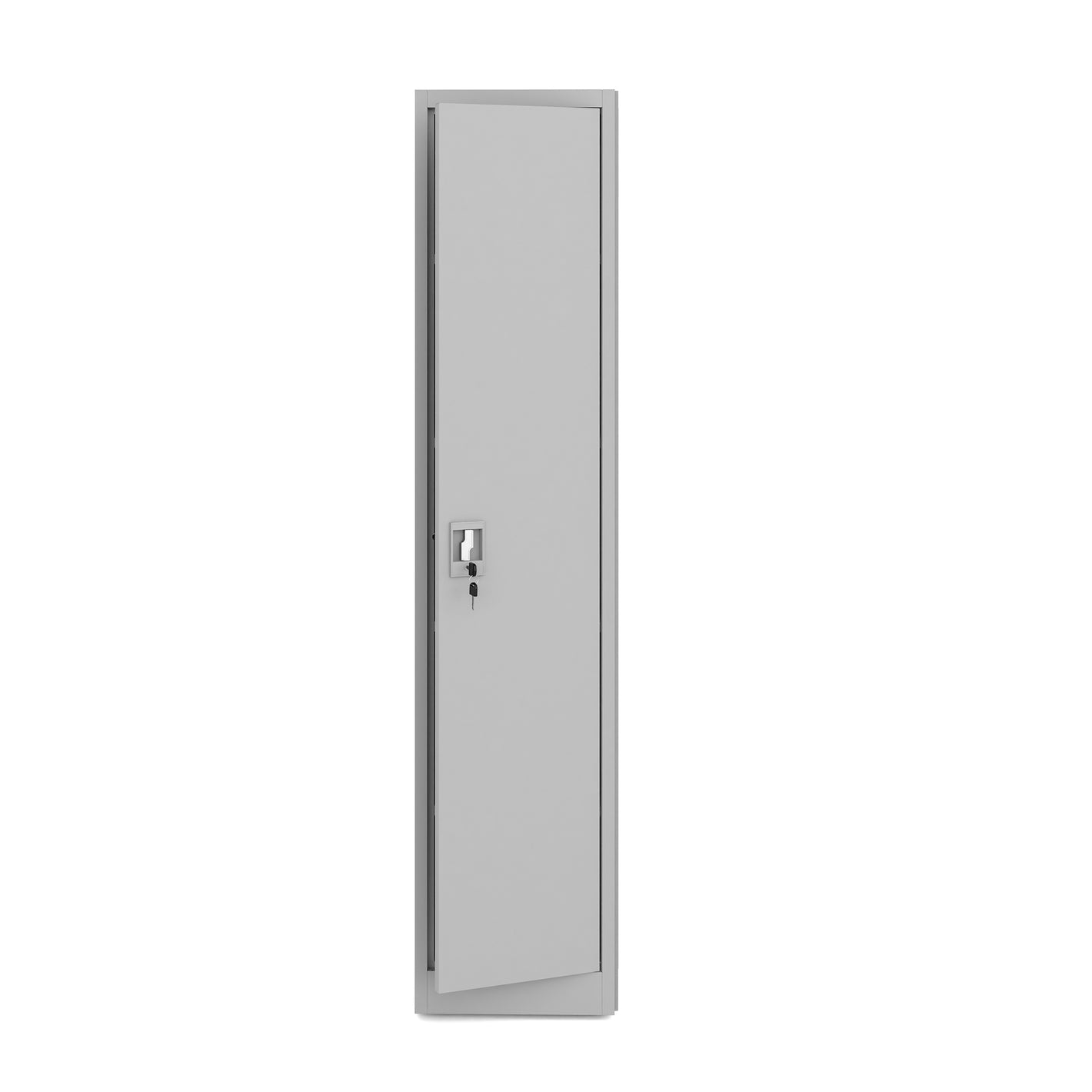 Metallschrank schmal hellgrau 185×40×45 mit Regalböden für Dokumente und Ordner mit Schloss