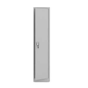 Metallschrank schmal hellgrau 185×40×45 mit Regalböden für Dokumente und Ordner mit Schloss